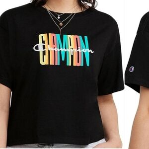 NWOT Champion Black Cropped Top Logo Tee Rainbow Colorful Graphic T-Shirt - S